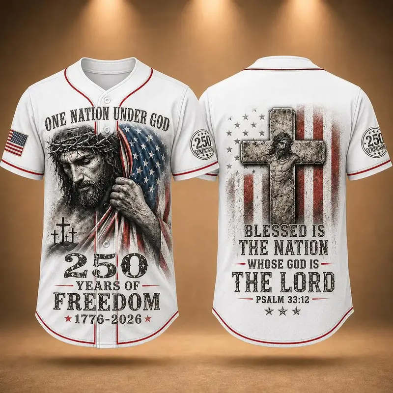 Men's American Christian Patriotic Graphic Apparel Jersey - Jesus Print, 1 Nation Under God Casual Top, 1776-2026 250th Anniversary Durable Christmas Gift, Tight Weave Resists Snags/Tears, Breathable for Game Days, Shopping, Home Lounging