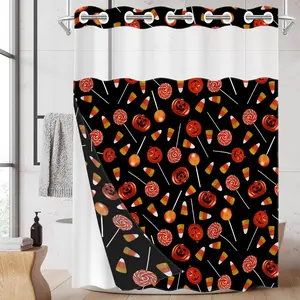 1 Pack No Hook Double Layer Shower Curtain, Halloween Candy & Pumpkin Print Bath Curtain, Machine Washable, Waterproof, Mildew Resistant, Durable Fabric, Holiday Bathroom Decor, Removable Liner, Top See-Through Window, Partition Curtain 71"×74"
