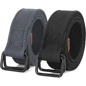 Men Canvas Fabric Belts Casual Web Cloth Belts with Black Double Ring Buckle 2 Pack