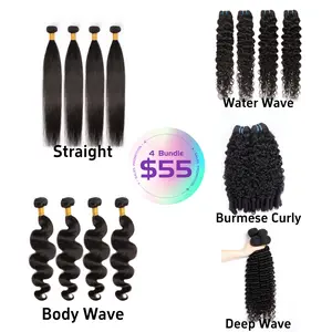 [Last Special Offer] Human Hair 4 Bundles Straight/Body Wave/Water Wave/Deep Wave/Yaki Straight/Burmese Curly Nature Black Virgin Brazilian Hair Salon Quality No Shedding Tangle Free Glossy