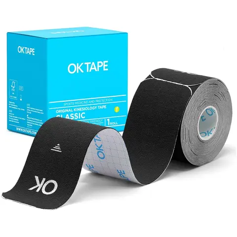 OKTAPE Precut Kinesiology Sport Tape - 2in x 16ft Cotton Elastic Muscle Support for Adults, 10in Precut Strips (20 Count), Latex-Free, All-Seasons, Unisex Black Athletic Tape