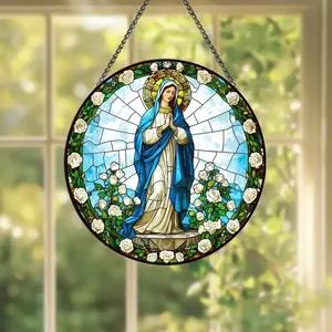 Virgin Mary Stained Glass Suncatcher Window Hanging with Roses, Catholic Religious Home Decor with Chain, Spiritual Faith Window Ornament