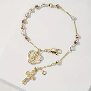 Women’s Gold Cross Love Bracelet With Three Color Octagonal Beads Delicate Inlaid Design Ideal Valentine’S Day Jewelry