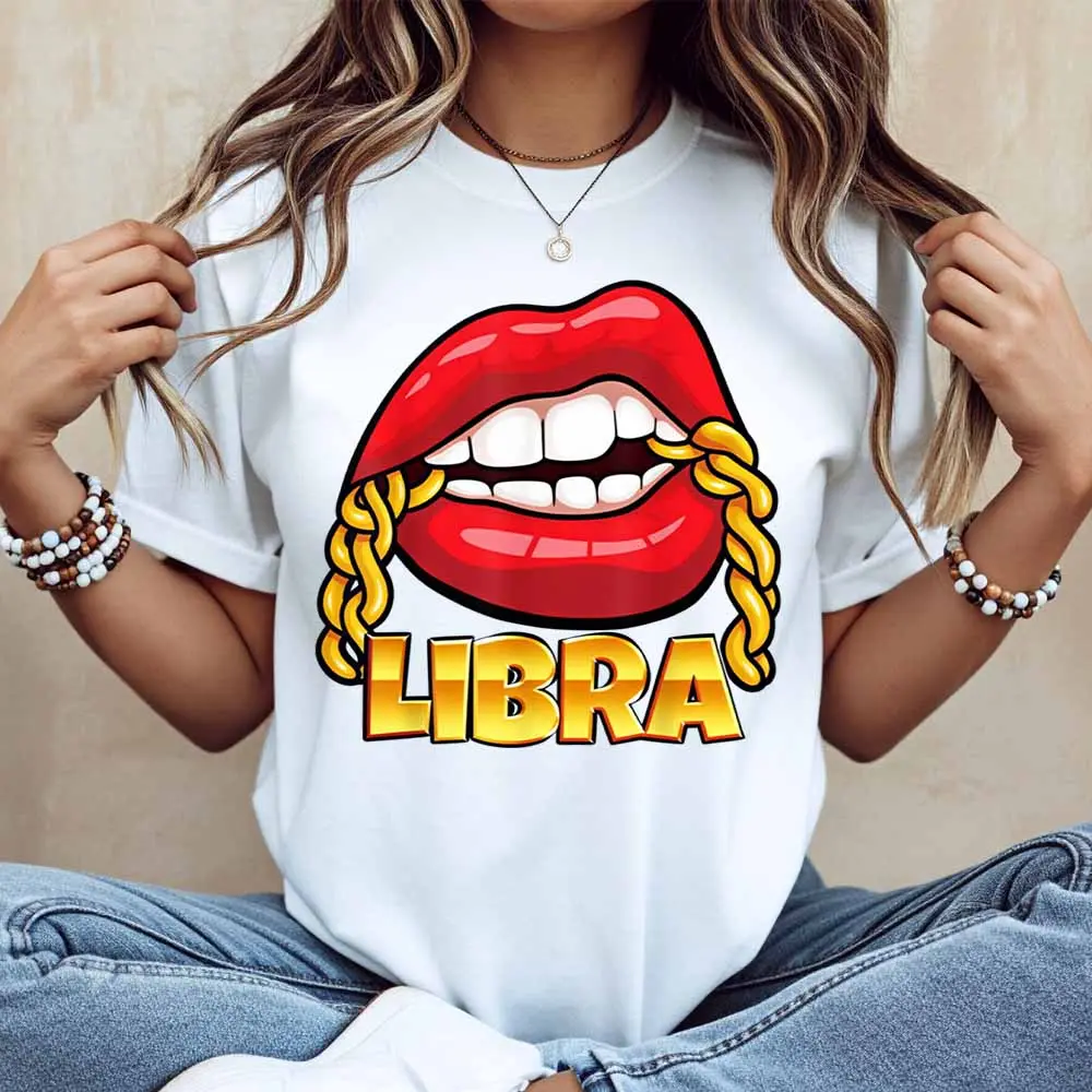 Lips With Braided Hair Libra Print T Shirt Women Casual Short Sleeve Top Fashion Zodiac Design Graphic Tee