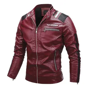 Men’s Wine Red PU Leather Motorcycle Jacket — Contrasting Trim Details, Multiple Zippers, Street & Biker Style Personalized Jacket