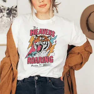 Women's "The Heavens Are Roaring" T-Shirt - Retro Tiger & Psalm 19:1 Christian Graphic Tee