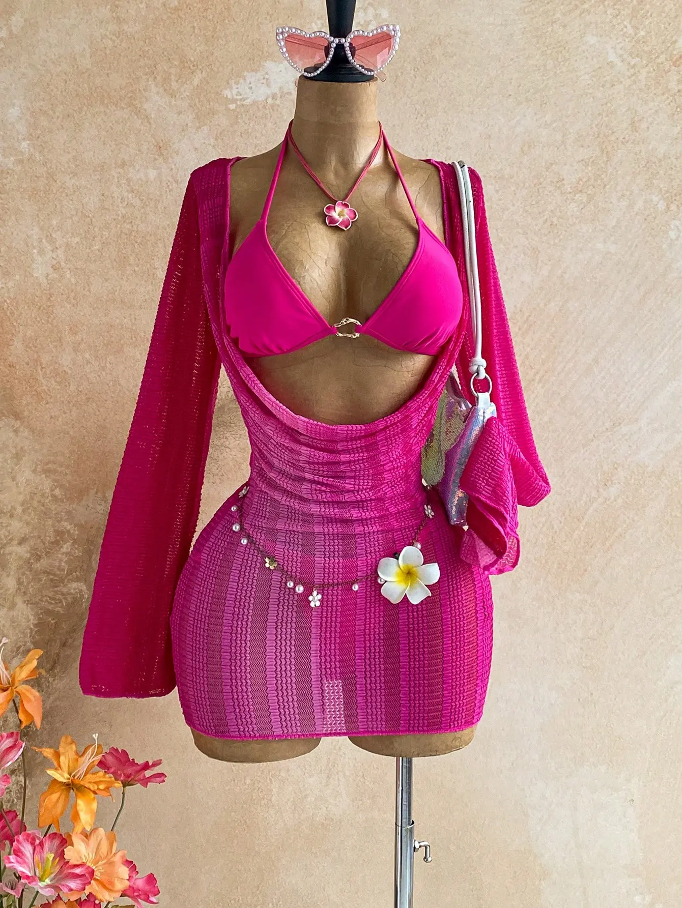 Women's Hot Pink Sequin 3 Piece Bikini Set | Wheat Ear Pattern Bikini With Matching Cover Up Skirt And Sexy Sparkly Style | Summer Beach Vacation Pool Party Holiday Resort Travel Swimwear Outfit For Women