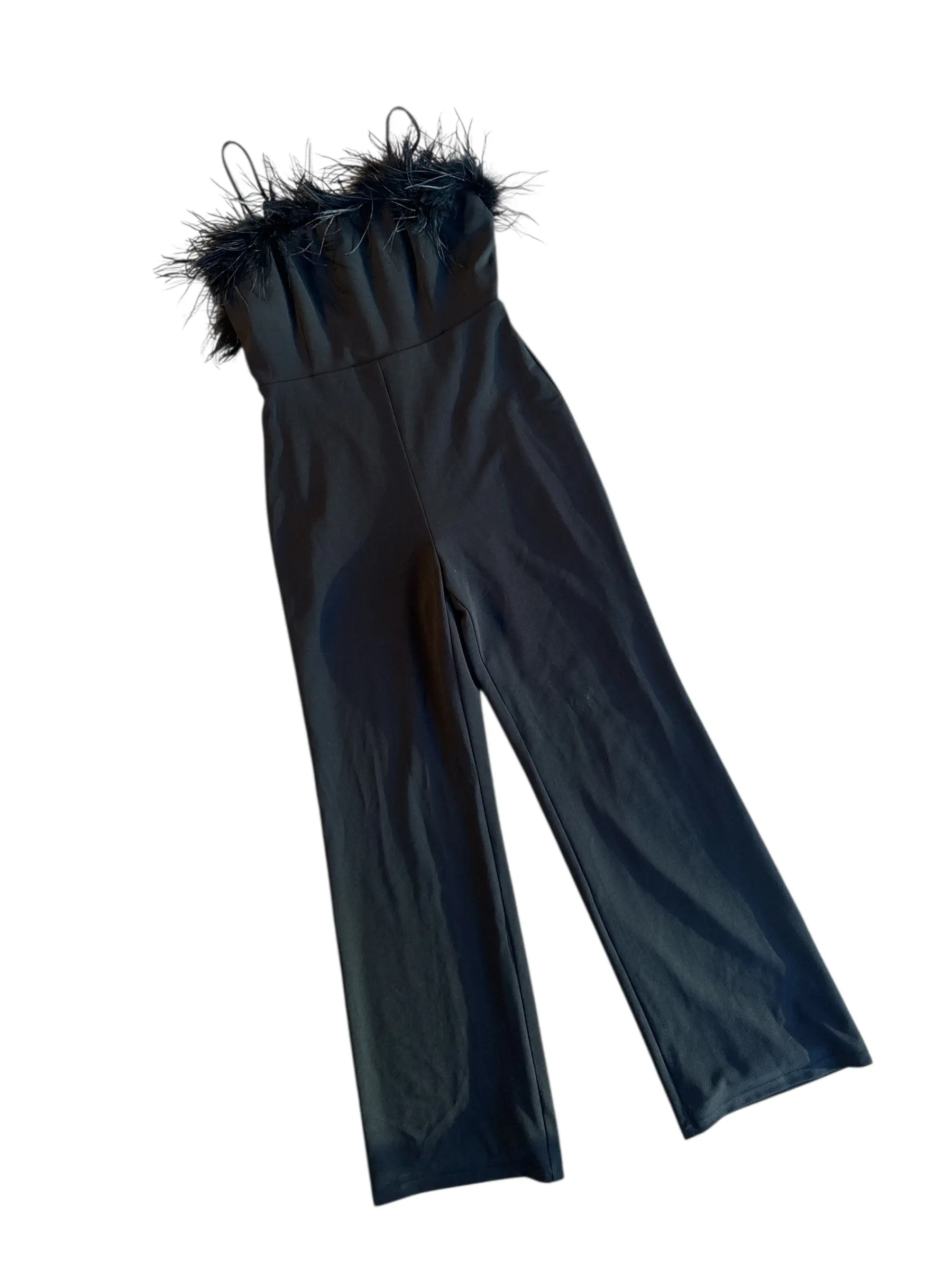 VC11 Black Jumpsuit with feather Trim Size Medium
