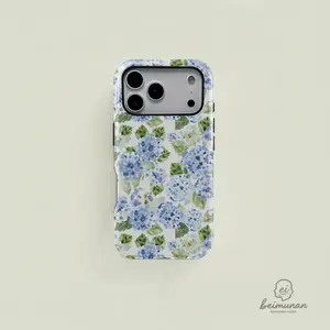 Blue Hydrangea Floral Phone Case Girly Aesthetic Spring Summer Style Cute 2 in 1 Cover Durable Shock Absorbing Fashion Design Compatible with iPhone 13 14 15 16 17 Pro Pro Max Plus