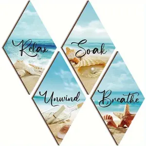 Ocean Beach Style Bathroom Wall Decor, 4 Counts/set Wooden Wall Hanging Sign, Wall Art for Home Living Room Bedroom Decor, Hangable