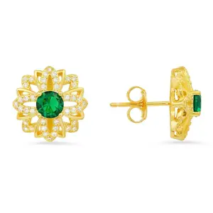 Goldtone Sterling Simulated Emerald Floral StudEarrings