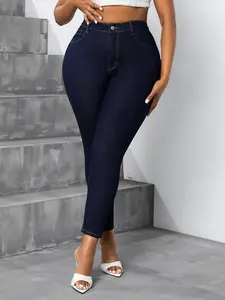 Plus Size Plain Pocket Button Fly Denim Pants, Plus Size Jeans, Casual High Waist Stretchy Slim Skinny Pants for Daily Wear, Women's Bottoms for Summer
