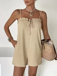 Summer New Women's Solid Color Pure Desire Casual Fashion Halter Sleeveless One-Piece Pants, Front Split Tie String Dress, Trendy and Stylish