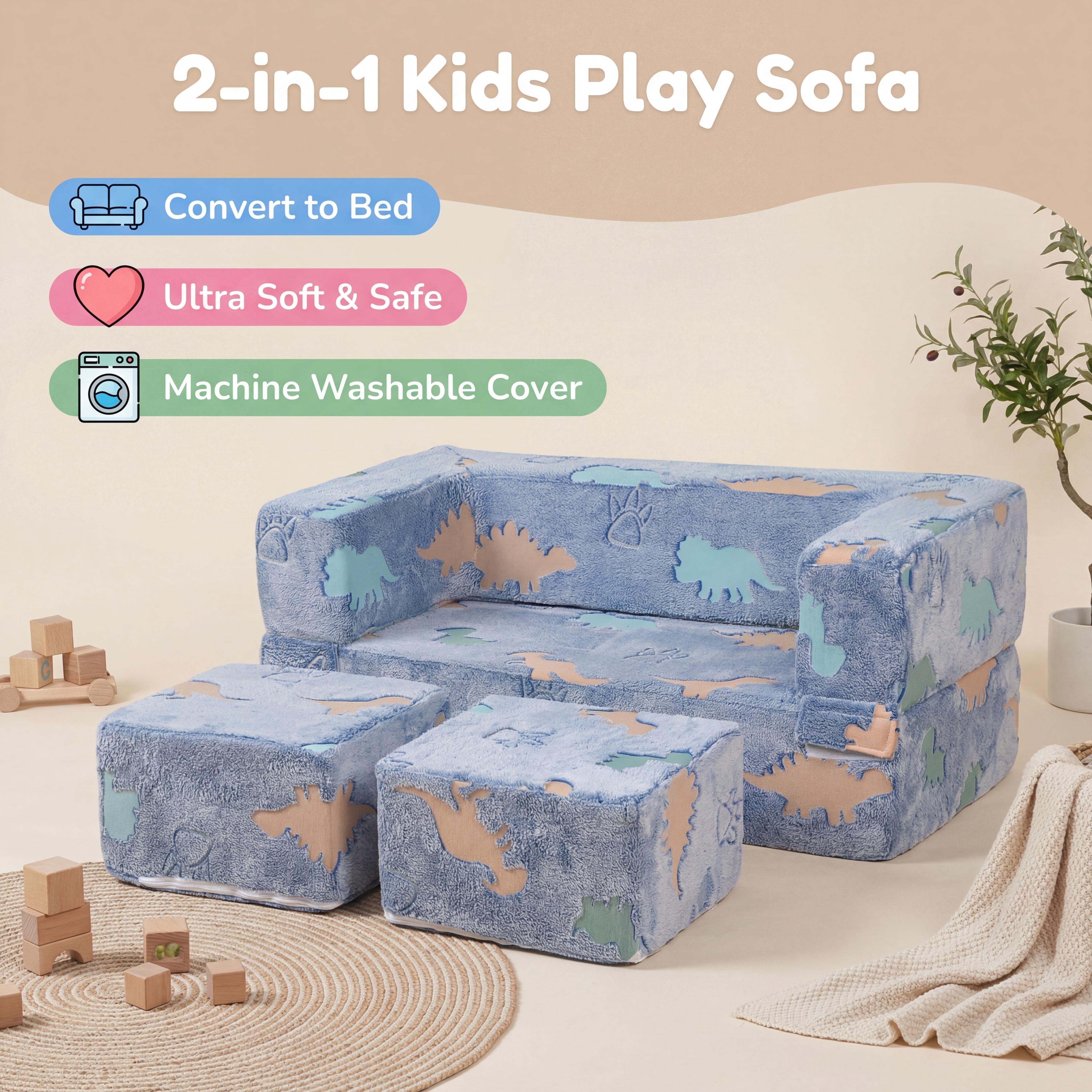 Blue dinosaur, a child-friendly sofa for babies, a large folding sofa bed, easy to assemble and clean, suitable for living rooms and bedrooms. It can be transformed into a bed, making it a perfect  birthday gift for both girls and boys