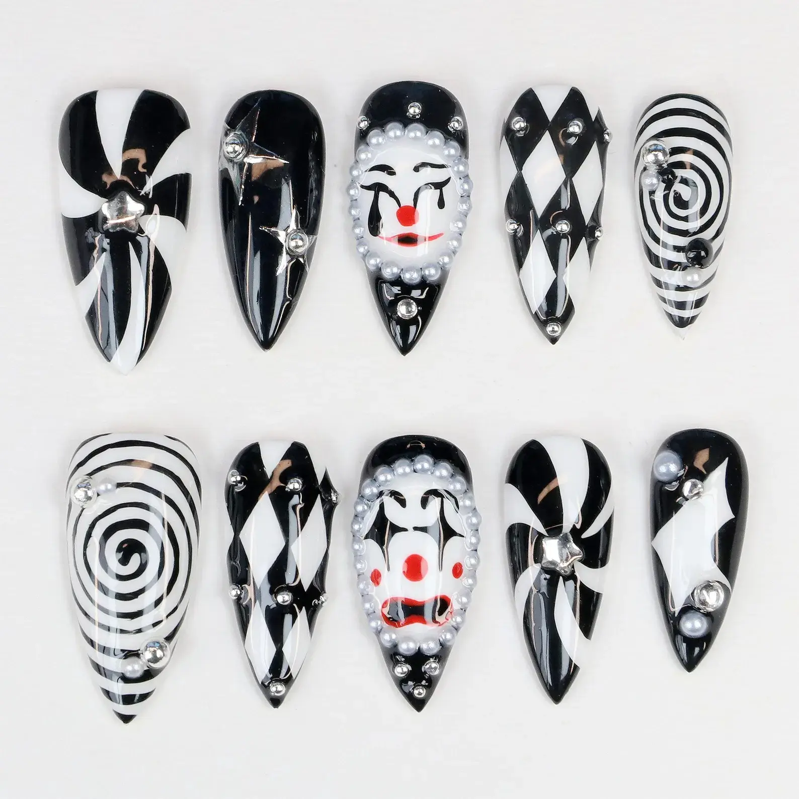 3D Black and white Crying Clown Mask Press On Nails: Spooky Halloween Nail Art