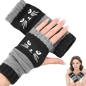 Men's and women's knitted fingerless gloves with cute cat embroidery - a comfortable and fashionable hand warmer, suitable for winter casual decoration