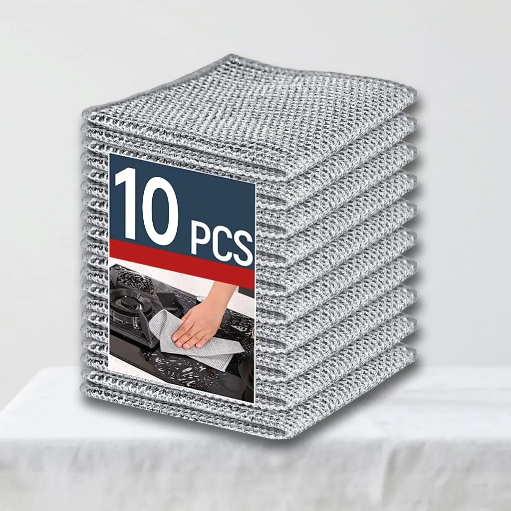10-Pieces Double-Sided Stainless Steel Scourer & Anti-Scratch Microfiber Cloth Set, Polyester, Powerful Scale Removal for Pans/Dishes/Pots, Reusable, Lint-Free, Strong, Absorbent, Soft, BlueGreen, for Daily Kitchen Clean & Storage Organization,magic,car,,