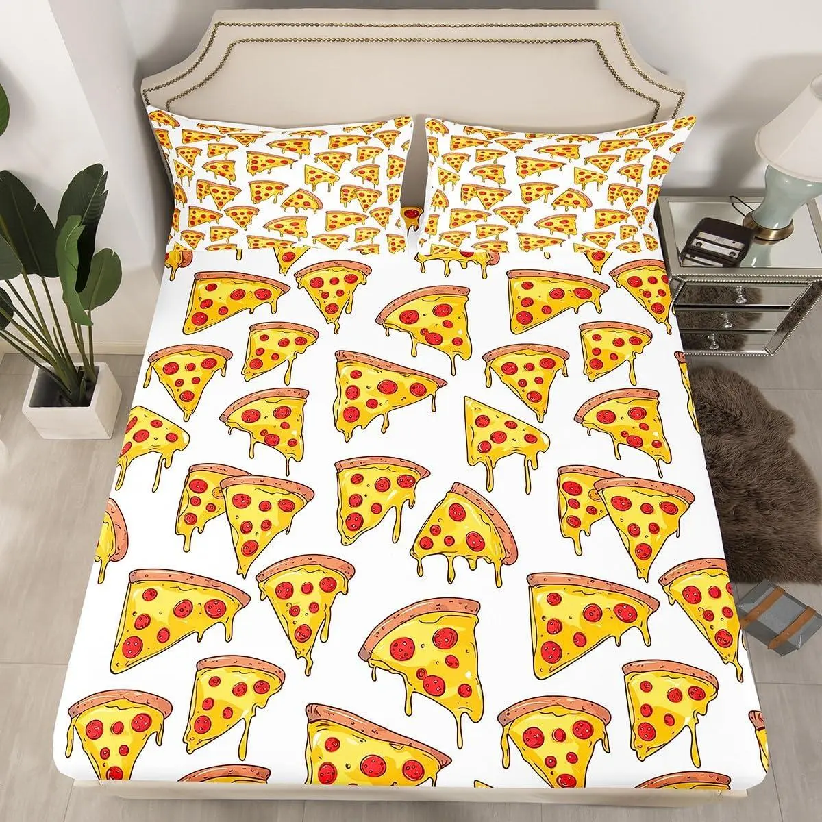 Feelyou Kids' 3D Print Pizza Bedding Set - Deep Pocket Fitted Sheet & Breathable Bed Linens, Snug Fit Pizzeria Fast Food Themed Set for Kids' Bedroom, Dries Quick Chic Decor