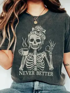 Women's Ultra Soft High-Quality Fabric Loose Short Sleeve T-Shirt, Humorous Font & Vintage Skull Coffee Graphic Pattern, Casual Streetwear Fashion Daily Wear, Fit, Everyday