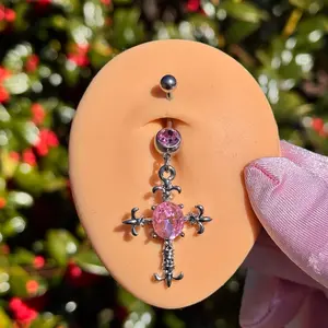 Surgical Steel 14G 10mm Bar for Belly Ring Piercing with Cross Design and Pink Gemstone