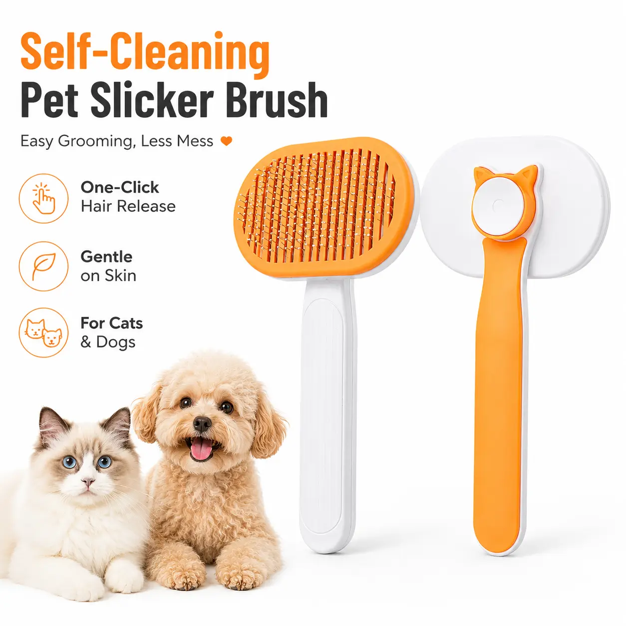 Self Cleaning Slicker Shedding Brush for Dogs & Cats - Pet Grooming Metal Fur Removal Tool with 140 Curved Steel Pins, 1-Press Hair Release, Washable Easy-Clean Comb for Light Tangles (White Yellow), Slicker Brush