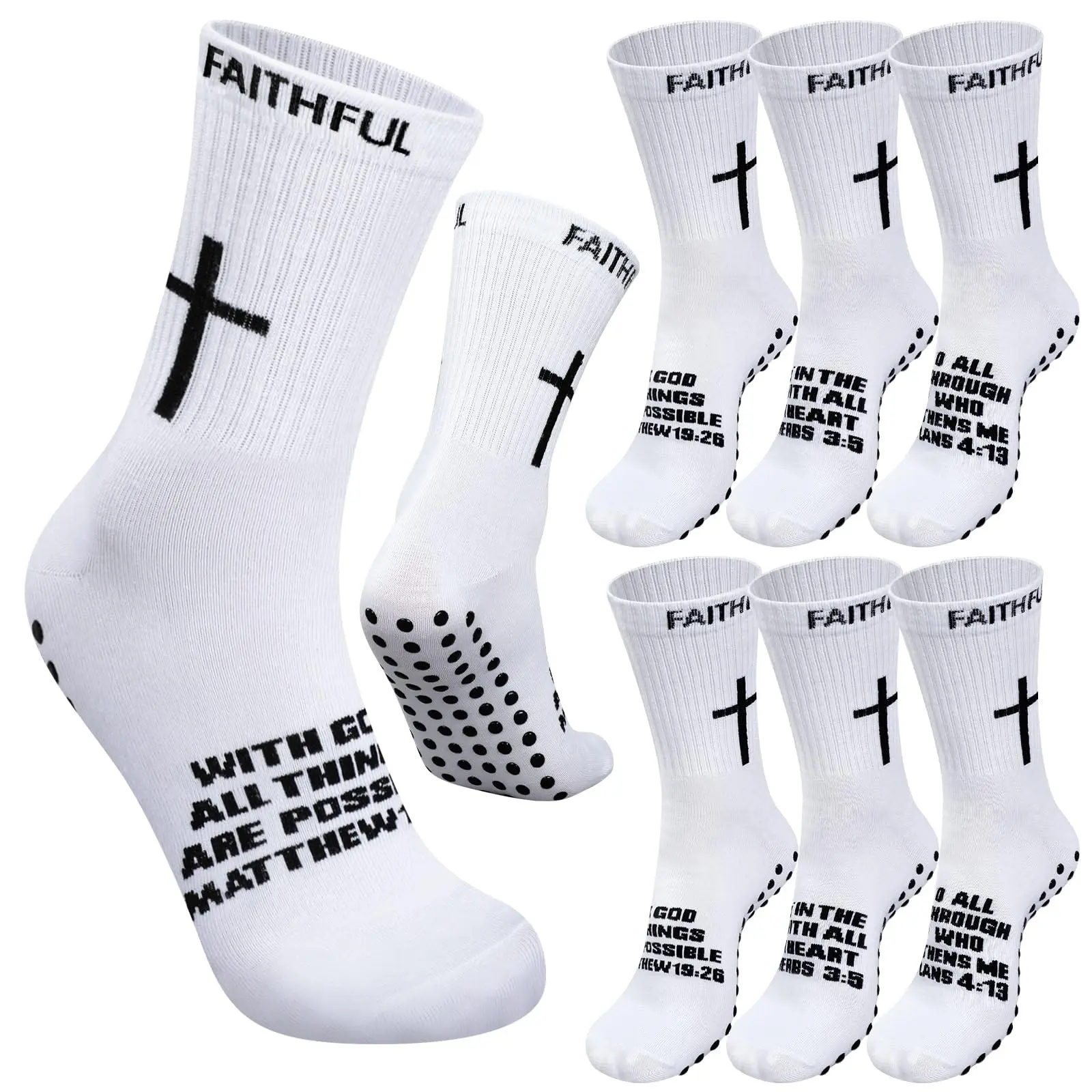 6 Pairs Christian Soccer Socks Anti-Slip Cross Grip Socks Christian Athletic Socks with Bible Verse Religion Gift for Men Youth Women Soccer Training Outdoor Sports Athletic Socks Comfortable Fit