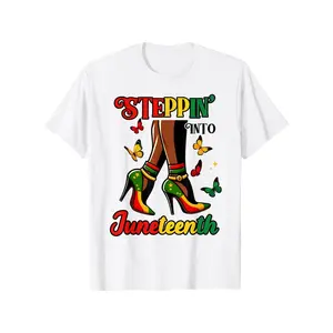 Stepping Into Juneteenth Afro Woman Black Girls High Heel T Shirt Cotton Casual Tshirts Crewneck T-Shirt Short Sleeve Unisex Graphic Tee for Men Women Adults Classic Menswear Top 25523 Womenswear Streetwear