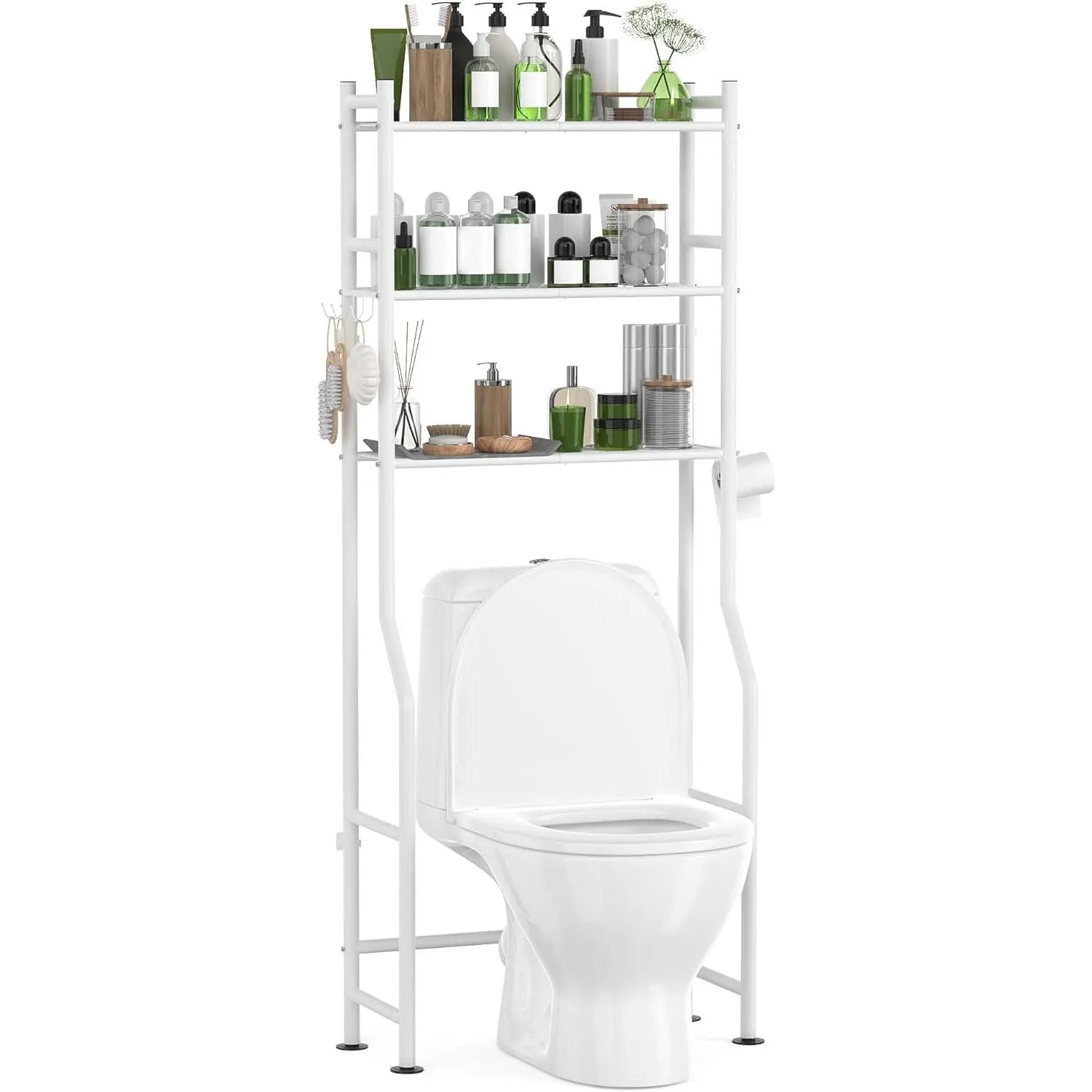 3-Tier Over The Toilet Storage with Paper Holder, Metal Bathroom Organizers and Storage for Small Space, Freestanding Bathroom Shelves with 4 Hooks, Above The Toilet Storage Shelf, White