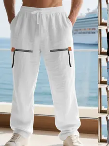 Men's Casual Linen Long Pants, Fall New Arrival, Loose Fit, Trendy Zipper Design, Hip-Hop Style, Comfortable Home Wear