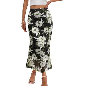 MEROKEETY Women's Summer Floral Mesh Midi Skirt 2025 Casual Trendy High Waist Ruched Boho Skirts