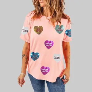Women's Pink Glitte Sequin Romantic Letters Heart Graphic Round Nreck Pullover Sweatshirt, Valentines Lettering Heart Patched Pattern Crewneck T Shirt Skirts Soft Soft Breathable