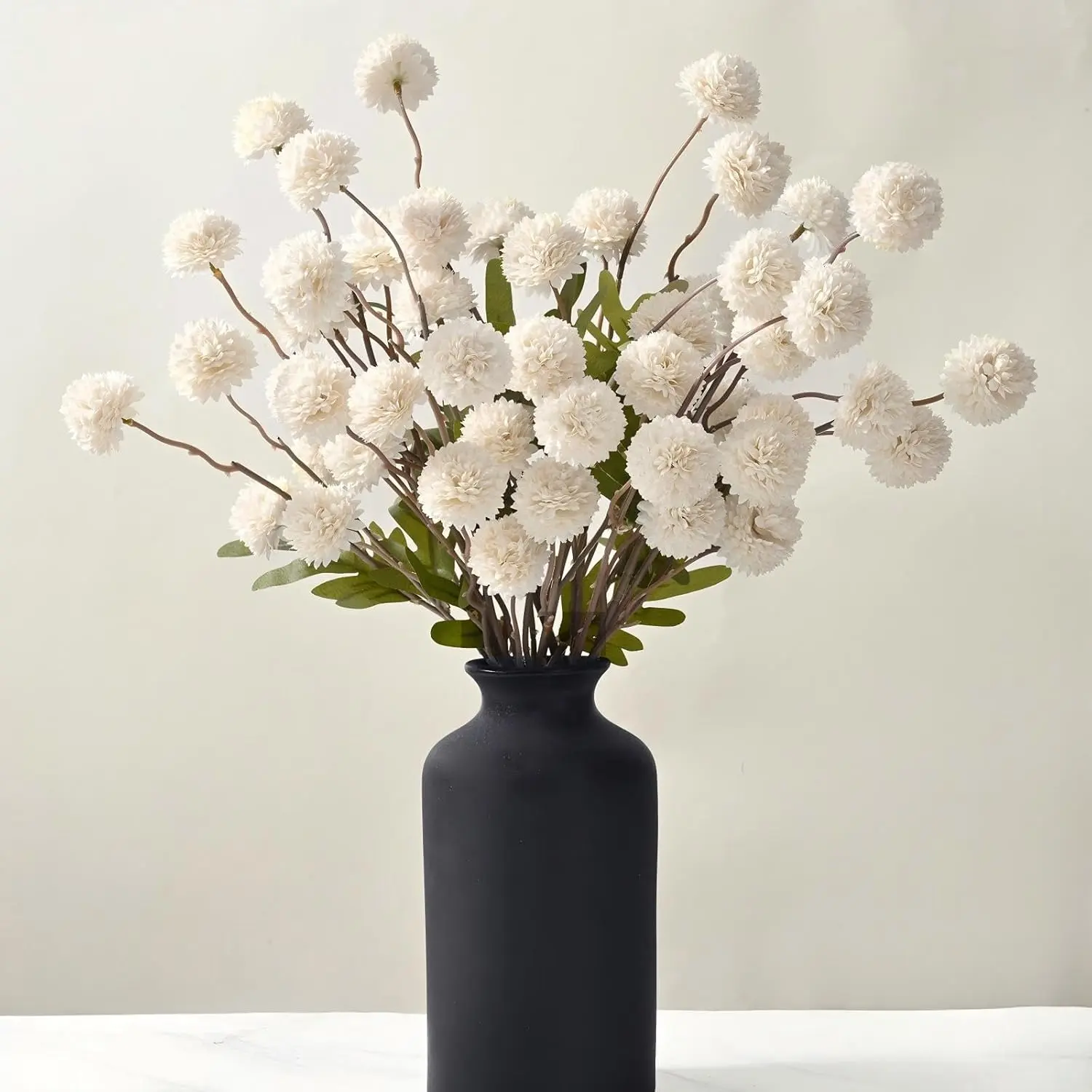10pcs Mini Faux Silk Artificial Pompon Mum Flowers Set with Eucalyptus Stems - DIY Arrangeable Home Decor for Boho Farmhouse Centerpiece, Table, Entryway, Bedroom, Kitchen (White, No Vase Included)