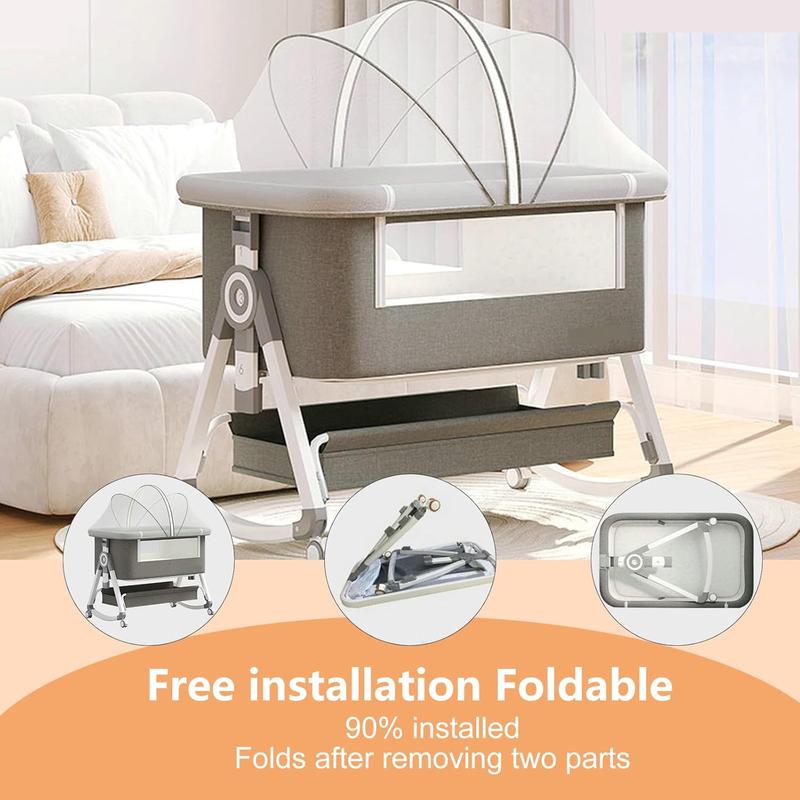 Premium 3 in 1 Baby Bassinet Bedside Sleeper for Newborn 0–6 Months, Height Adjustable Portable Crib with Wheels, Breathable Mesh, Mosquito Net, Mattress & Storage Basket foldable cot new gifts folding bed sidesleeper design