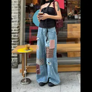 Retro Patchwork Jeans for Women – Washed Paint-Splashed Ripped High Waist Floor-Length Trousers for Streetwear Style Denim Fashion