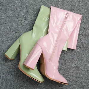 Luxurious Patent PU Knee-High Boots with High Chunky Heel & Metal-Clip Square Toe for Women Girls Comfort Walking Shoes Elegant Design Versatile Footwear