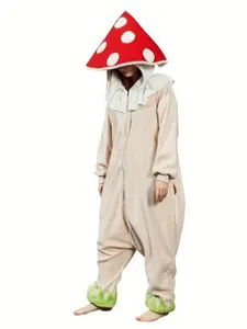 Mushroom Onesie Adult Halloween Costume Fun and Cozy One-Piece Pajamas for Women and Menpajama jumpsuit Long Loungewear Womenswear Fit Nightwear Dress Black Check Cute Hat