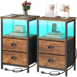 Rustic Brown Industrial Nightstand Set of 2, Bedside Table with 2 Fabric Drawers, 3-Tier Storage, LED Light, Charging Station, 11.38''D * 15.38''W* 24.75''H