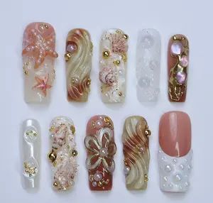 Summer Press On Nail Starfish & Seashell with Pearl Accent | 3D Fake Nail in Long Square Damontaerichmond Glitter Rhinestone