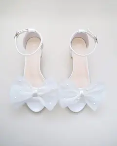 Ivory & White Satin Block Heel Sandal with Front Oversized TULLE BOW, Women Sandals, Bridesmaid Shoes, Wedding Shoes