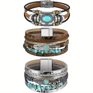 3pcs Turquoise Bracelet for Women Western Country Jewelry Leather Bracelet 3pcs Turquoise Bracelet for Women Western Country Jewelry Leather Bracelet
