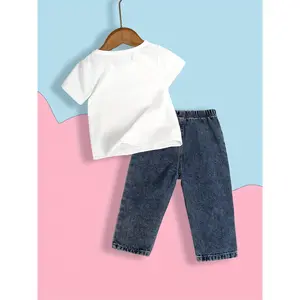 Baby Boy Denim Outfit AA1080219 - 2pcs Short-Sleeve Top with Bear Print & Regular Fit Jeans for 0-3 Years Old Boys(Slightly large）