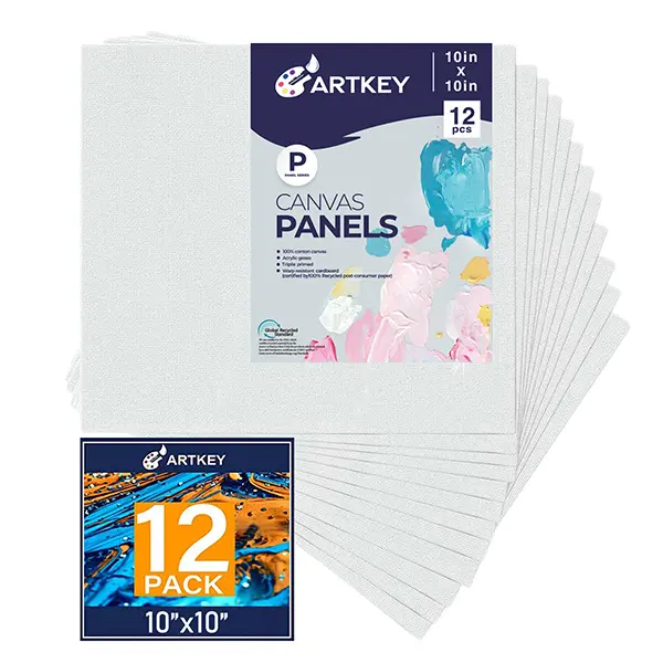 Canvas Panels 10x10 Inch 12-Pack, 10 oz Primed 100% Cotton White Blank Small Canvases for Painting, Square Flat Canvas Board for Oil Acrylics Watercolor & Tempera Paints