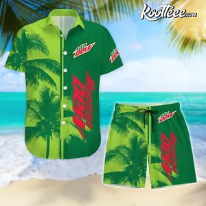 Mountain Dew Hawaiian Shirt Shorts Set Green Aloha Palm Tree Print Mtn Dew Fan Gift Summer Beach Outfit Mens Womens Loose Casual Button Down 2 Piece Matching