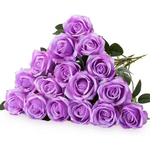20 count Artificial Rose  with Long Stem,Real Touch Silk Realistic Plastic Bouquet Roses Bulk for  Decor Bridal Wedding Party Table Centerpieces Decorations(Purple)