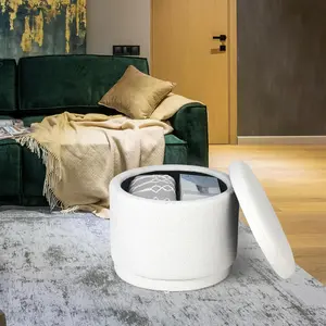 Adeco Round Storage Ottoman, Boucle Upholstered Storage Bench with Removable Top, Coffee Table Footrest for Living Room Bedroom Entryway, White