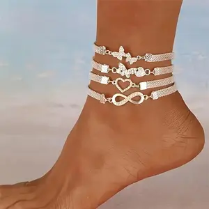 Set of 4- Elegant And Shiny Stackable Ankle Chains, Synthetic Zirconia Ankle Chains Plated with Butterflies And Hearts, Multifunctional Daily Jewelry Gifts avery bracelet james