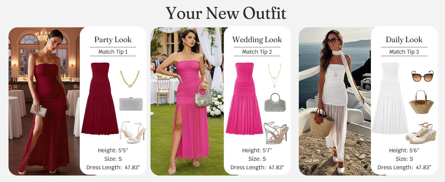 Wenrine Women's Summer Tube Top Dress Strapless Mesh Sexy Ruched Patchwork High Slit Long Cocktail Party Maxi Dresses Wenrine Women's Summer Tube Top Dress Strapless Mesh Sexy Ruched Patchwork High Slit Long Cocktail Party Maxi Dresses