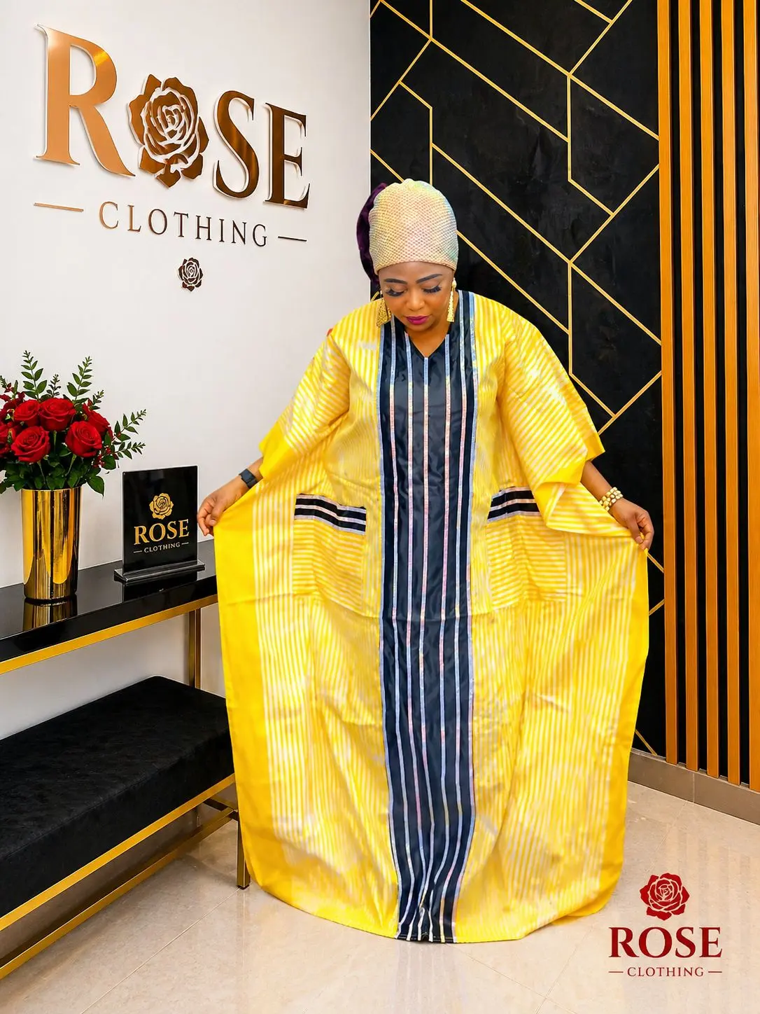 Radiant Yellow Striped Luxury Kaftan Gown with Shimmering Contrast Panel