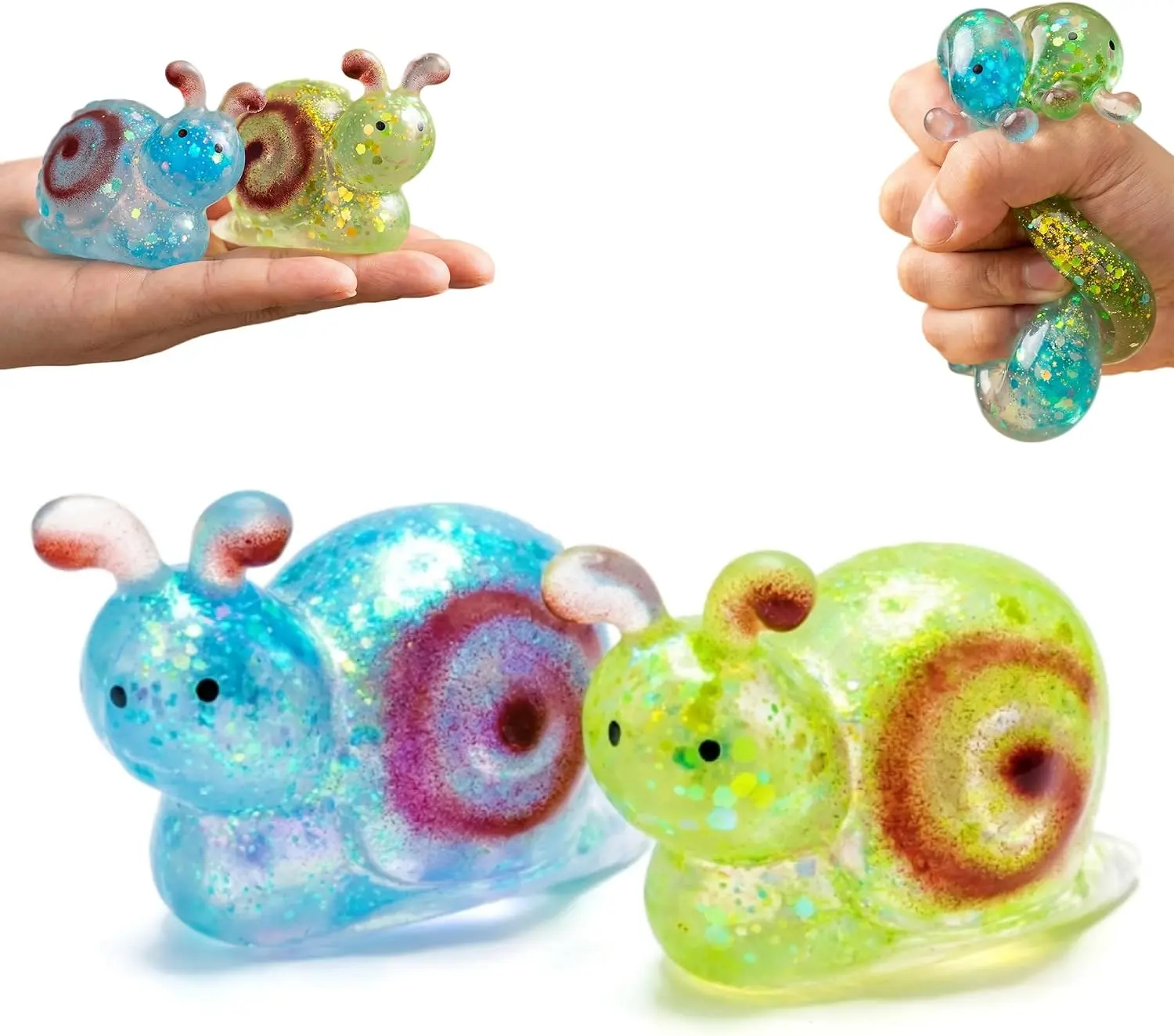 2 Pack Snail Squishy Stress Balls, Sugar Squeeze Fidget Toys, Slow Rising Sensory Squishy Toys for Kids & Adults, Stress & Anxiety Relief, Party Favors, Easter Basket Stuffers, Blue & Green