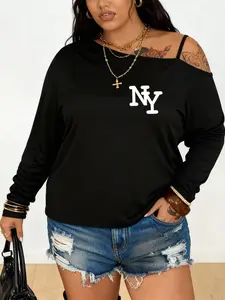 Plus Size Women's Loose-Fit Long Sleeve Cami Top, Asymmetrical Neckline, Letter Print, All Seasons, Sizes 1-8xl